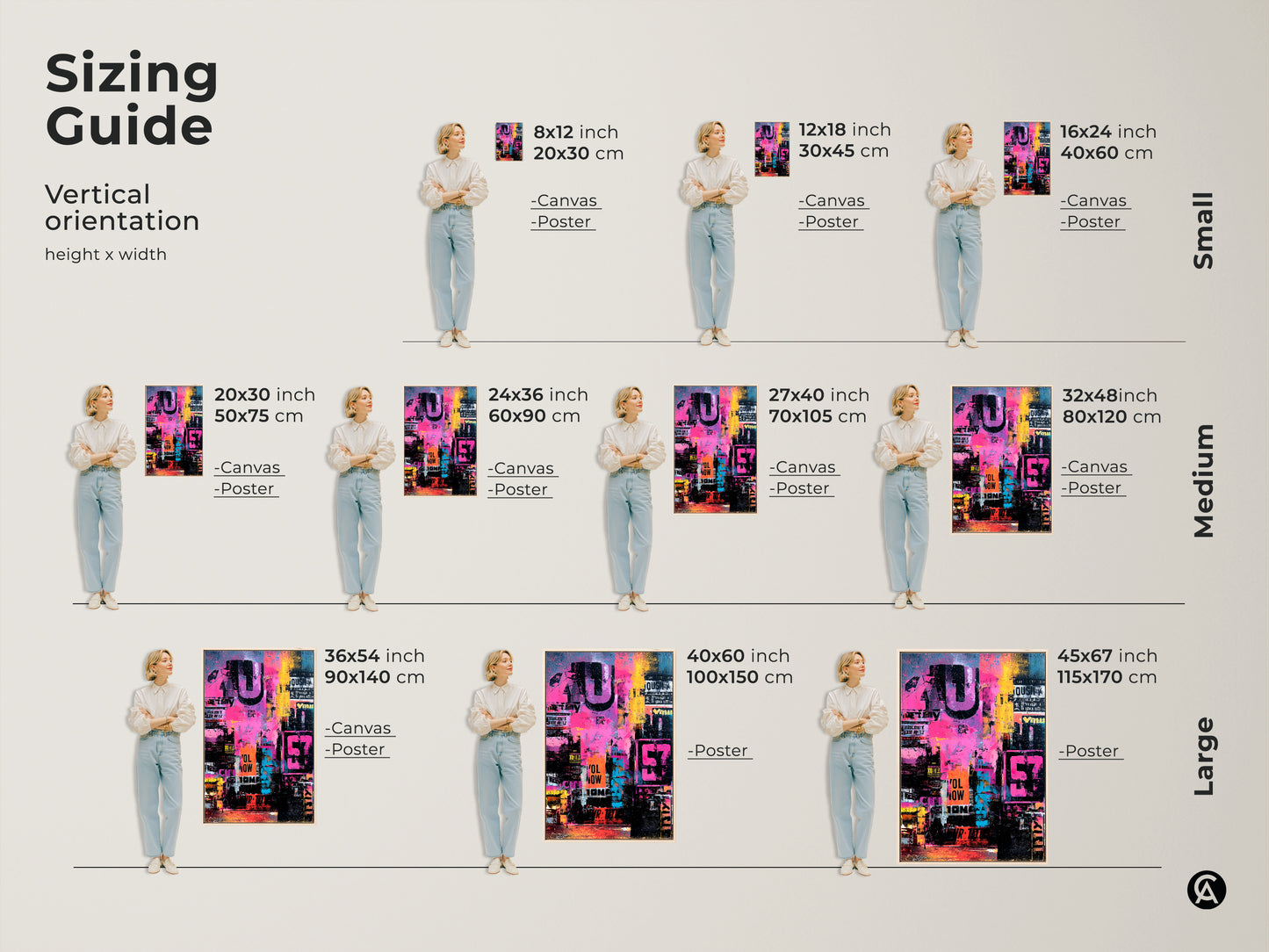 Sizing guide for vertical abstract art. Visualize the artwork in various sizes. Options include canvas and poster prints. Find the perfect fit for your space. See how each size transforms the room's aesthetic. Choose the ideal art size today.