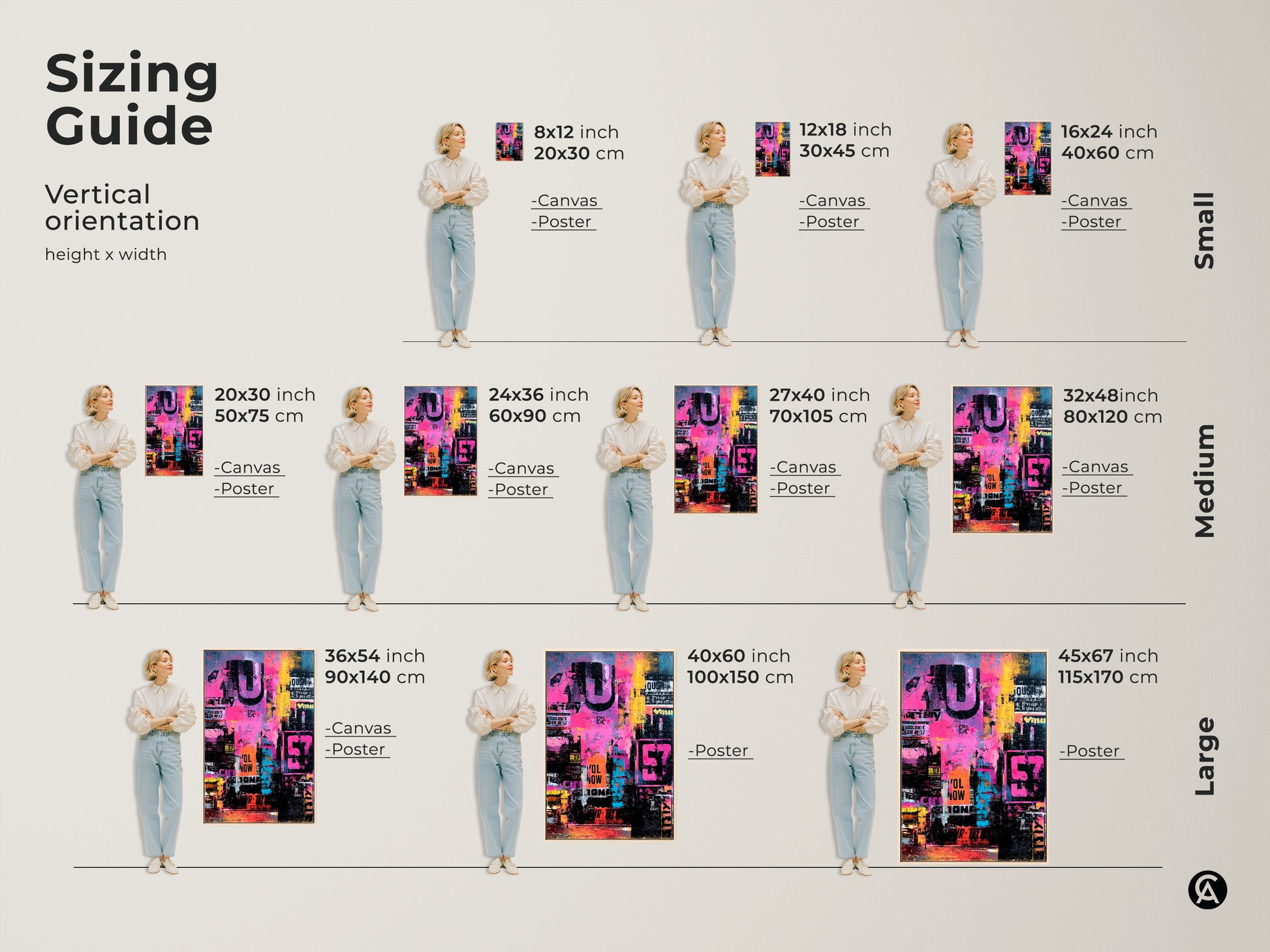 Sizing guide for vertical abstract art. Visualize the artwork in various sizes. Options include canvas and poster prints. Find the perfect fit for your space. See how each size transforms the room's aesthetic. Choose the ideal art size today.