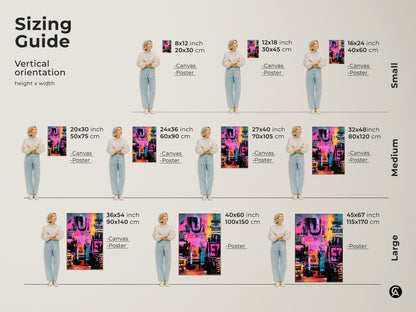 Sizing guide for vertical abstract art. Visualize the artwork in various sizes. Options include canvas and poster prints. Find the perfect fit for your space. See how each size transforms the room's aesthetic. Choose the ideal art size today.
