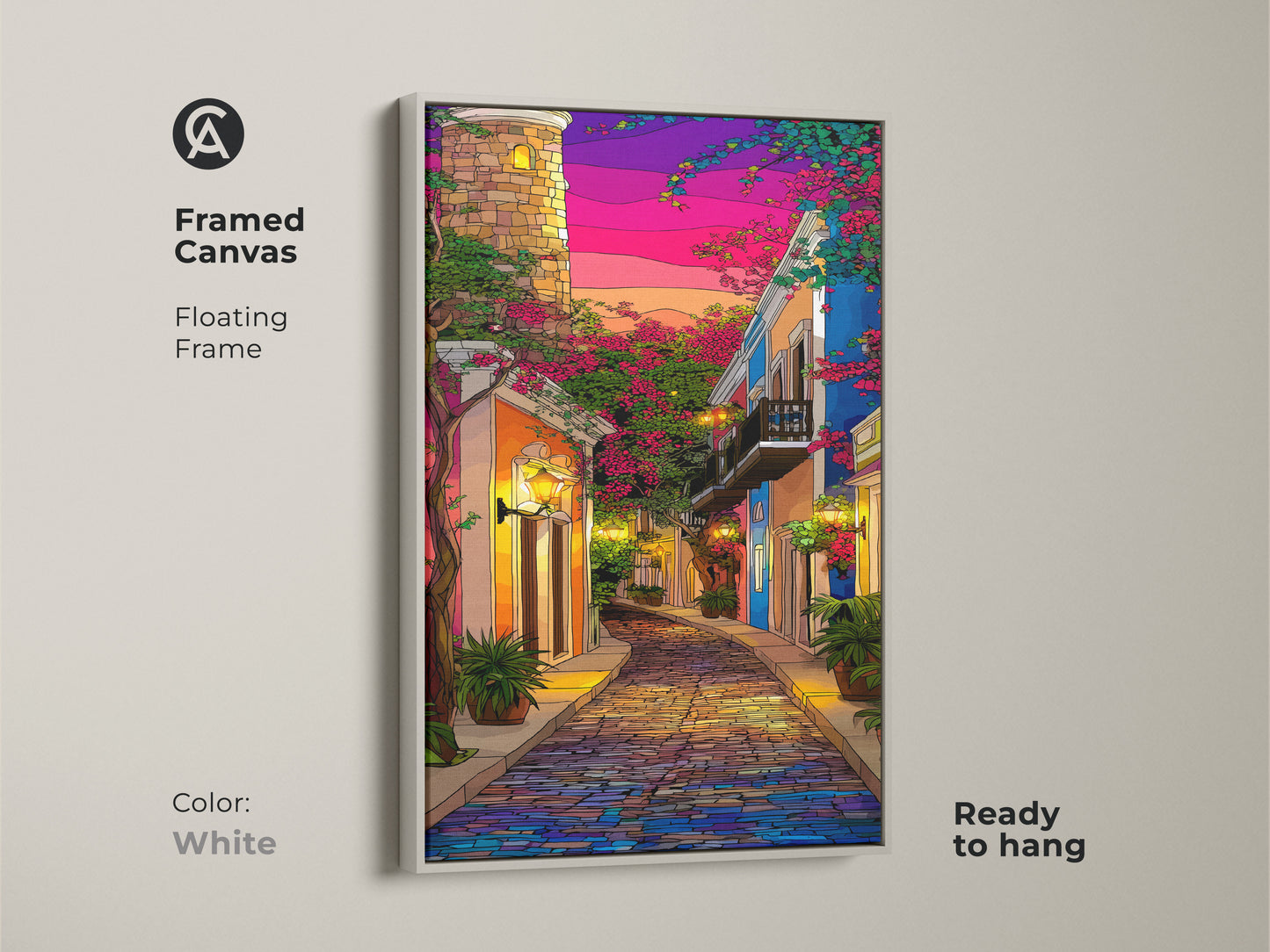 Framed canvas featuring a cobblestone street cityscape in a white floating frame. Tower is beneath a purple blue pink sunset. An eclectic travel lover gift. Colorful European street artwork elevates any space. Great travel inspired wall art.