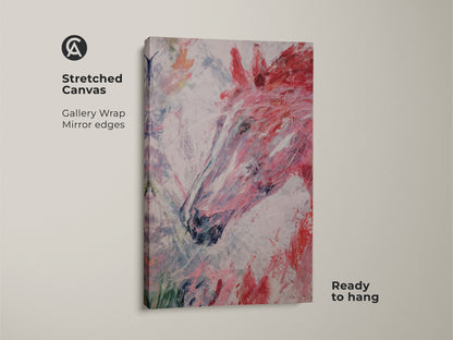 Close-up of a stretched canvas print featuring an abstract horse head. The artwork showcases energetic brush strokes in pink red and white. This modern equestrian wall art is ready to hang. It is a perfect gift for horse lovers. The canvas has mirror edges for a gallery wrap look.