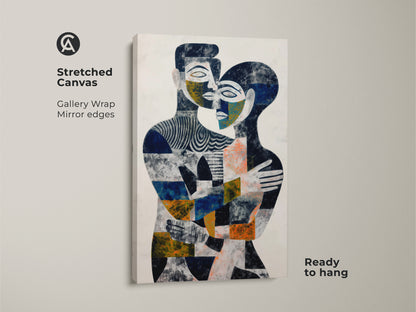 A close-up of indigo blue and orange abstract couple art. See the unique geometric patterns. This figurative embrace artwork symbolizes love and connection. Perfect as eclectic wall decor. Makes a thoughtful anniversary gift for couples. Ideal for modern bedroom wall art.