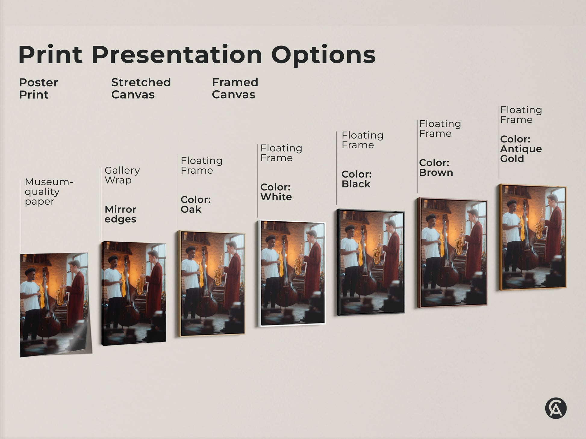Explore print presentation options featuring contemporary musician artwork. Choose from poster stretched or framed canvas. It features a saxophonist and double bass player in a warm inviting palette. Enhance your studio or office with these museum-quality art edges.