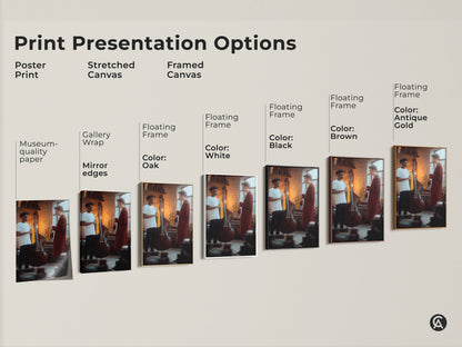 Explore print presentation options featuring contemporary musician artwork. Choose from poster stretched or framed canvas. It features a saxophonist and double bass player in a warm inviting palette. Enhance your studio or office with these museum-quality art edges.