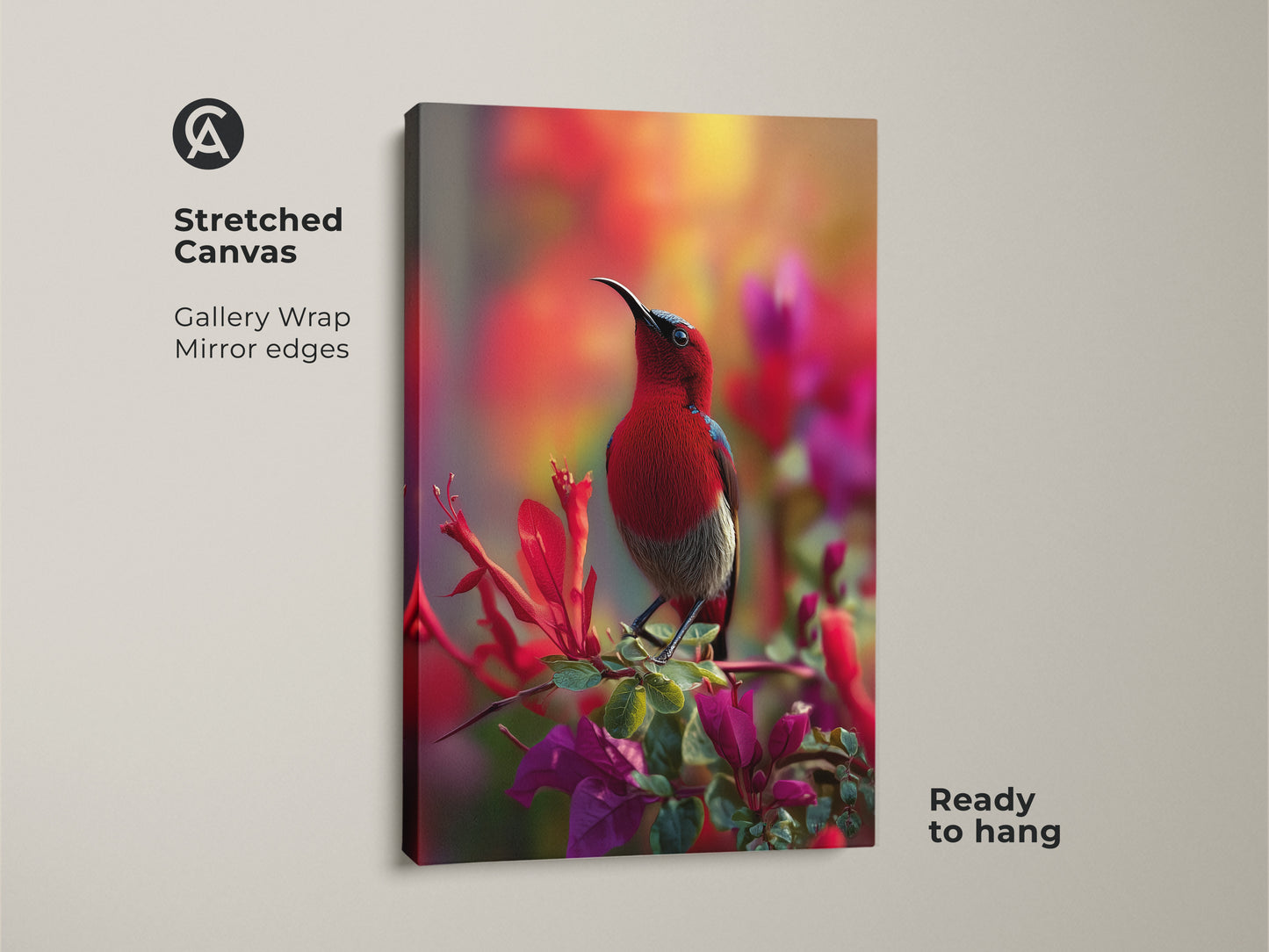 Stretched canvas of a Red Sunbird. Gallery wrapped to display mirror edges. This vibrant bird art print is ready to hang. Bring tropical nature into your home with this exotic bird wall art.