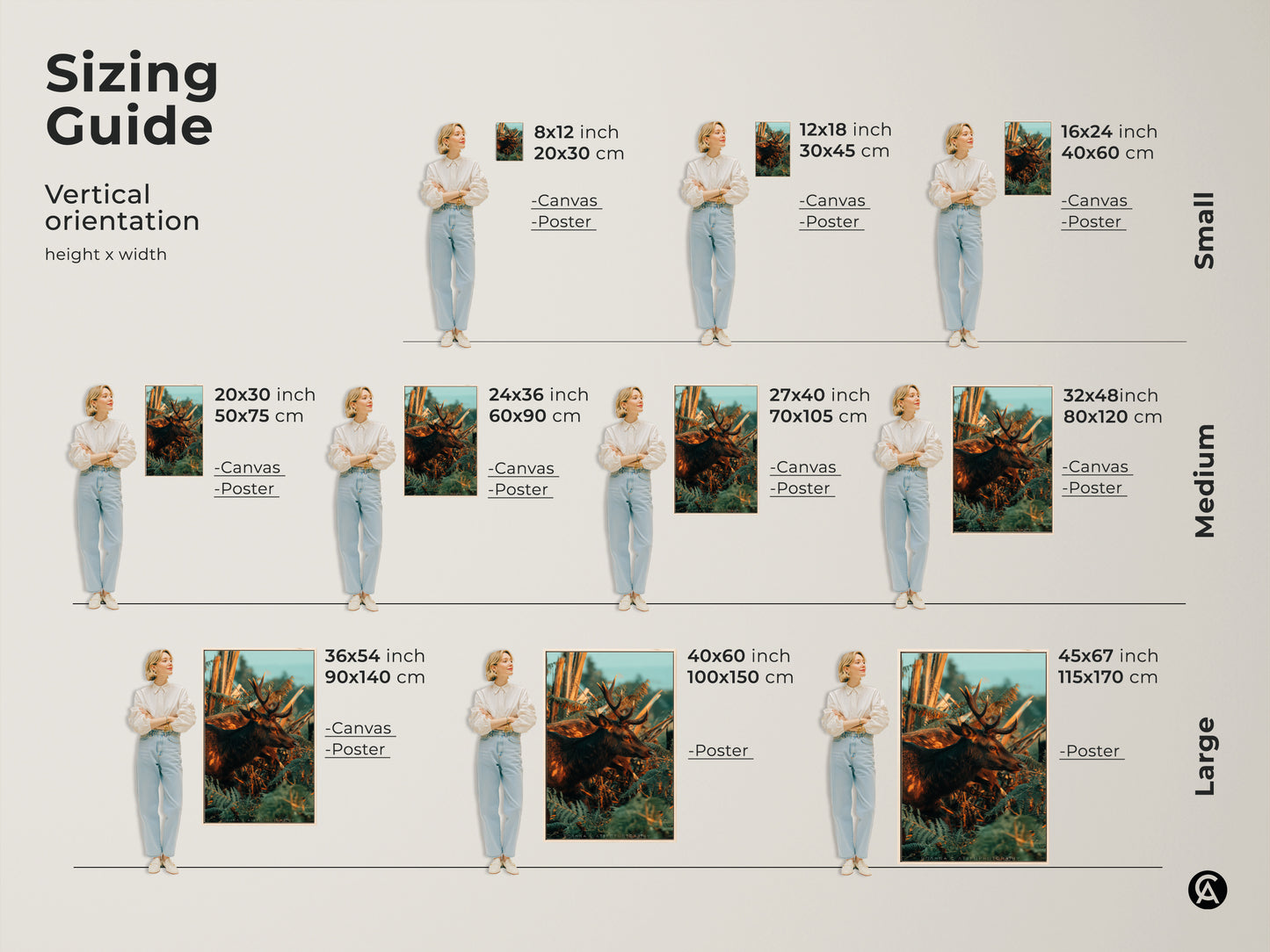 Sizing guide for the vertical deer and fern canvas and poster prints. Available in small medium and large sizes. Visualize how the rustic wildlife art will fit in your space. Choose the perfect size to complement your home decor. A great gift for nature lovers and hunting enthusiasts.