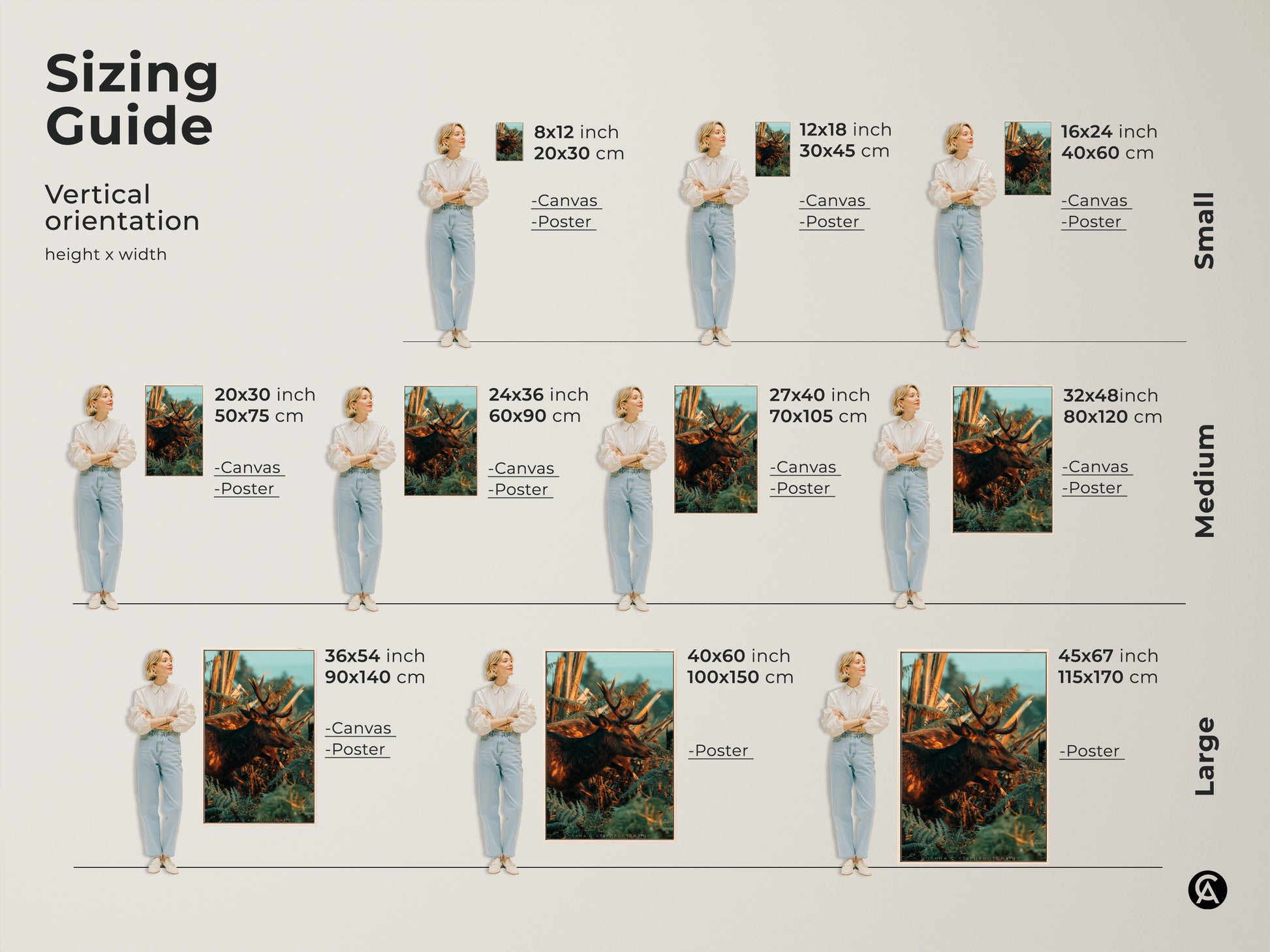 Sizing guide for the vertical deer and fern canvas and poster prints. Available in small medium and large sizes. Visualize how the rustic wildlife art will fit in your space. Choose the perfect size to complement your home decor. A great gift for nature lovers and hunting enthusiasts.