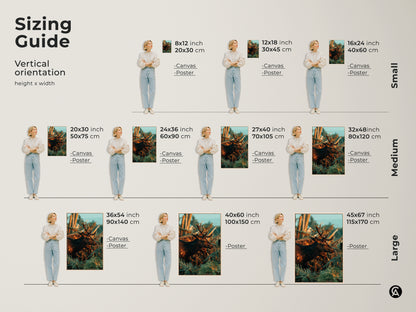 Sizing guide for the vertical deer and fern canvas and poster prints. Available in small medium and large sizes. Visualize how the rustic wildlife art will fit in your space. Choose the perfect size to complement your home decor. A great gift for nature lovers and hunting enthusiasts.