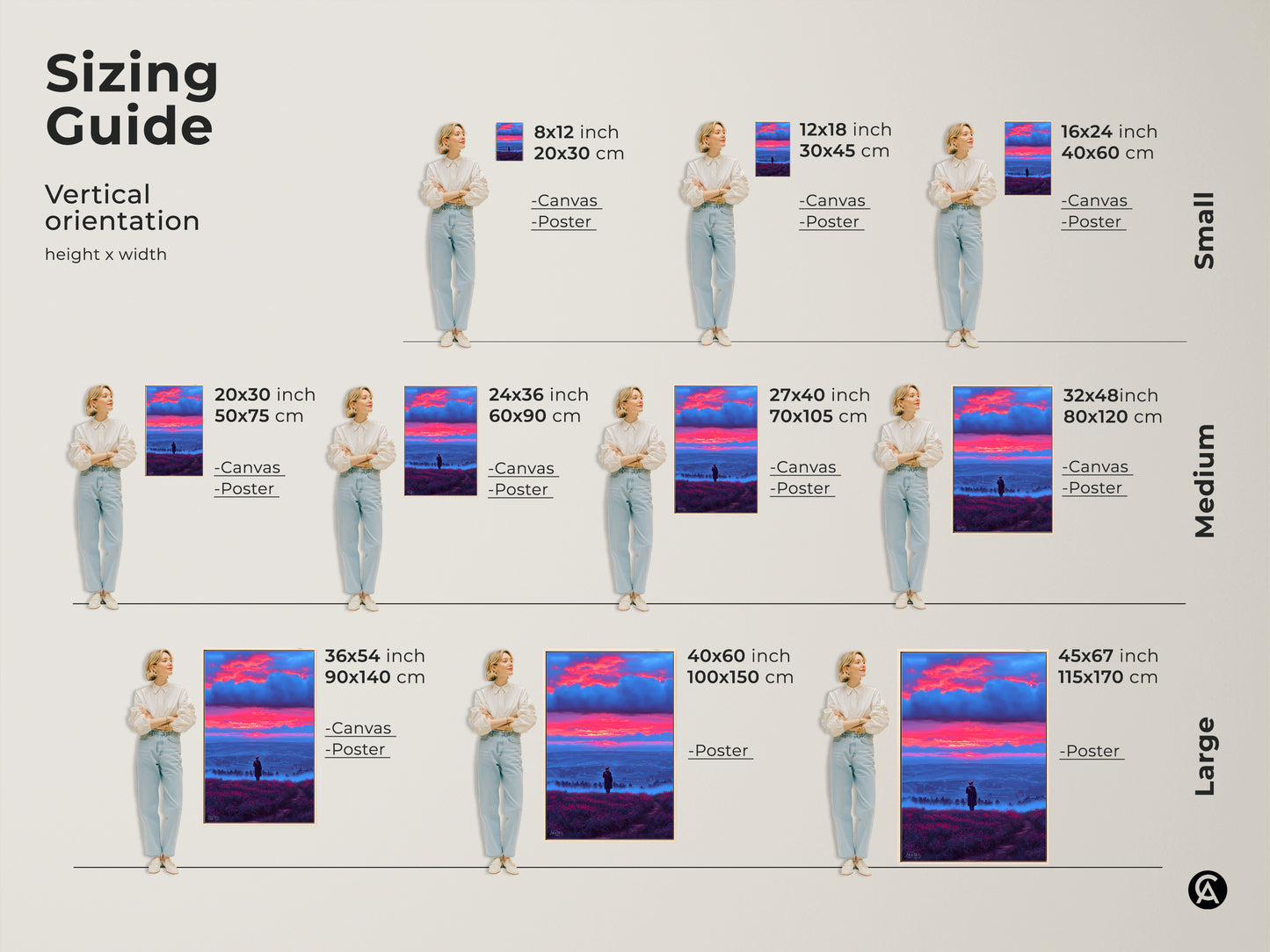 Sizing guide for vertical surreal skyscape wall art. Visualize canvas and poster sizes featuring a lone figure in a misty valley under a crimson and blue sunset. Find the perfect fit for your space with this eclectic home decor artwork a great travel lover gift.