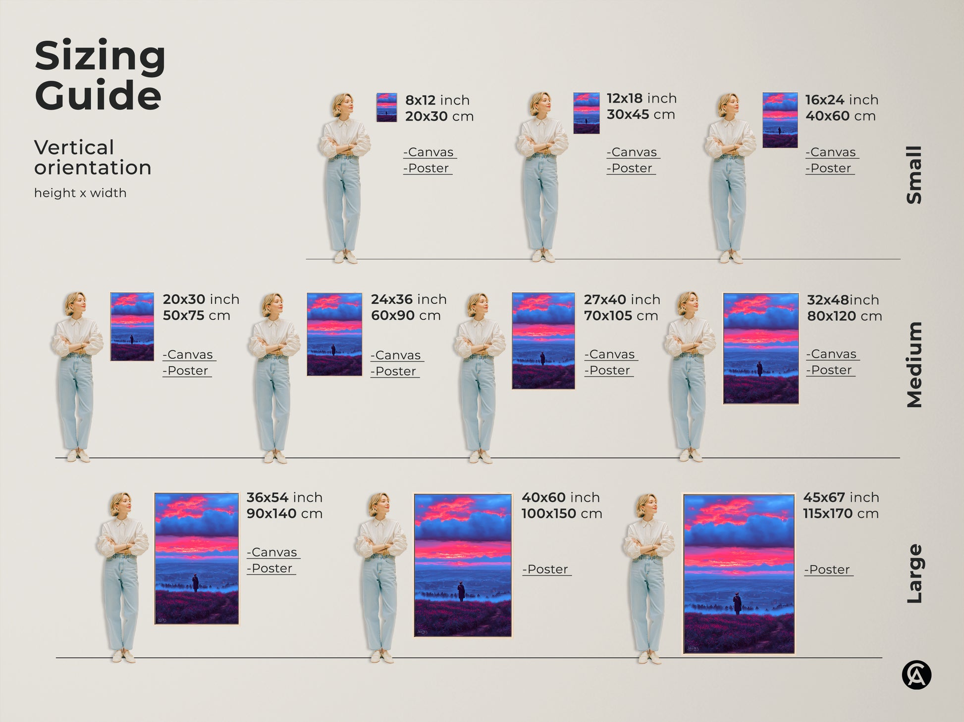 Sizing guide for vertical surreal skyscape wall art. Visualize canvas and poster sizes featuring a lone figure in a misty valley under a crimson and blue sunset. Find the perfect fit for your space with this eclectic home decor artwork a great travel lover gift.