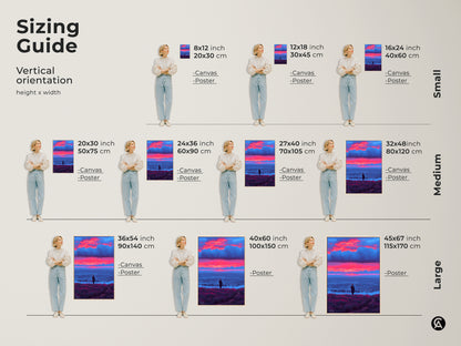 Sizing guide for vertical surreal skyscape wall art. Visualize canvas and poster sizes featuring a lone figure in a misty valley under a crimson and blue sunset. Find the perfect fit for your space with this eclectic home decor artwork a great travel lover gift.