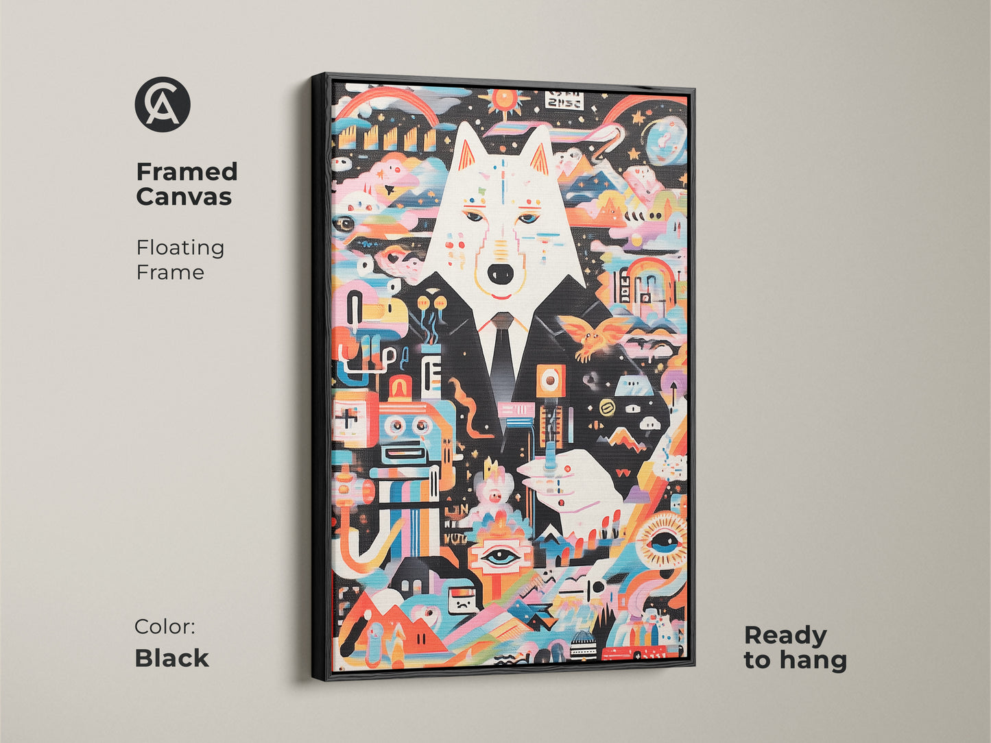 Framed in black canvas art of a surreal wolf and robot. This contemporary abstract painting enhances any wall. The floating frame adds elegance. Ready to hang. A unique gift for art lovers who appreciate modern eclectic decor. The black frame complements the multicolor design.