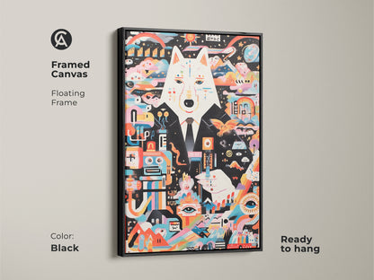 Framed in black canvas art of a surreal wolf and robot. This contemporary abstract painting enhances any wall. The floating frame adds elegance. Ready to hang. A unique gift for art lovers who appreciate modern eclectic decor. The black frame complements the multicolor design.