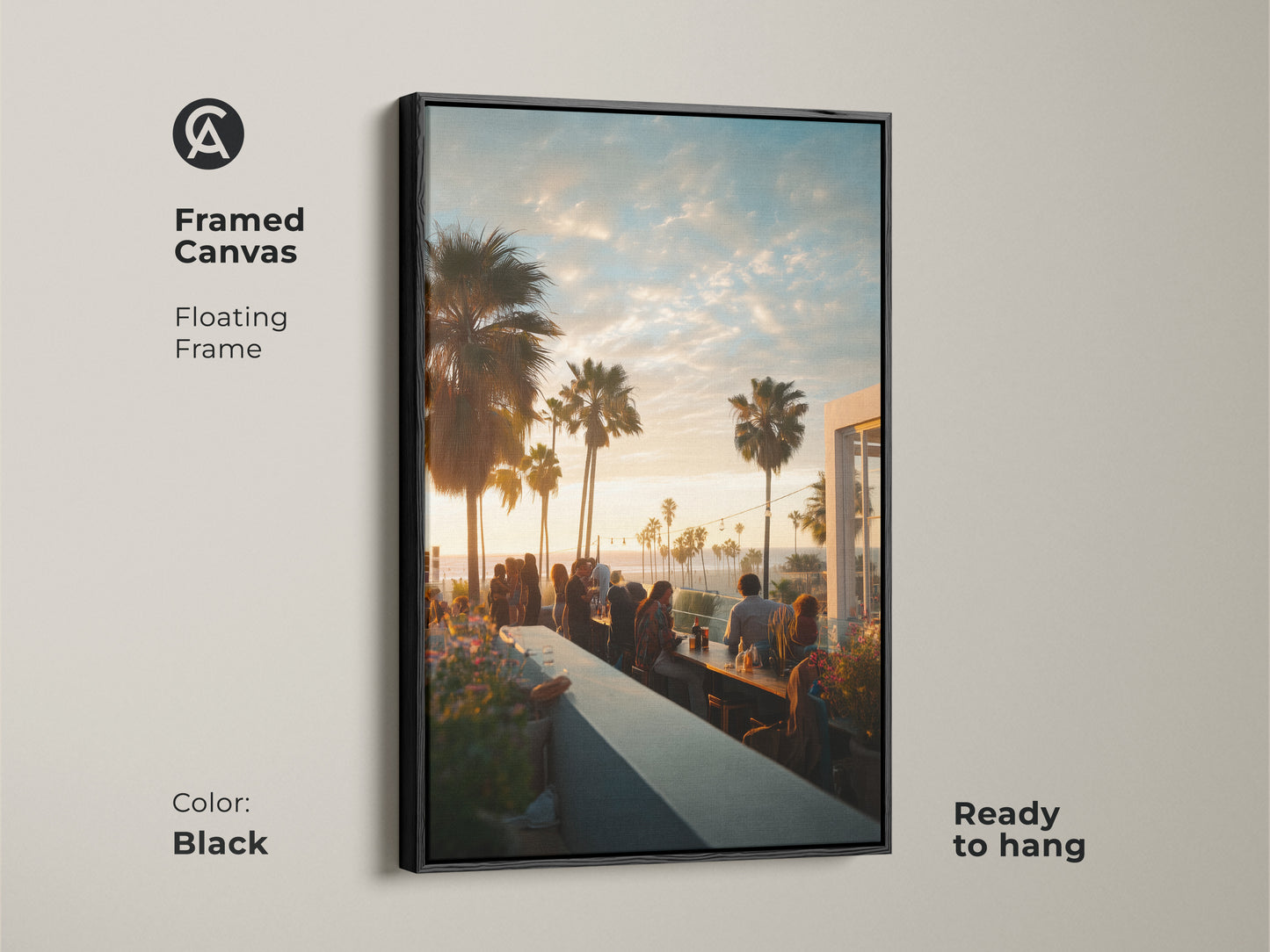 Framed canvas art with a black floating frame. The artwork presents a sunset view from a rooftop bar. Palm trees and people add to the ambiance. Ready to hang. This piece will enhance any living space with its beauty.