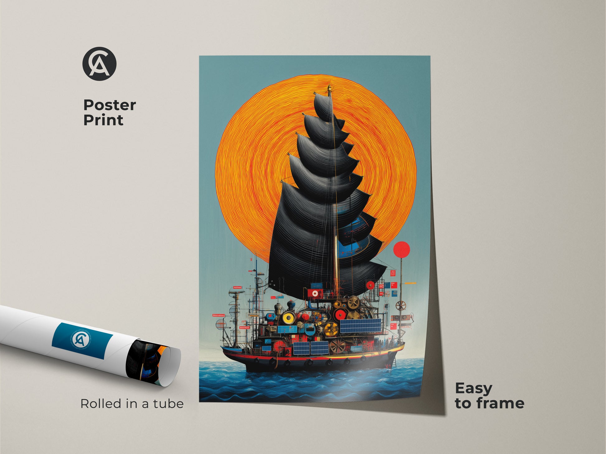 A steampunk ship poster print rolled in a tube. This fantasy nautical artwork features a junk ship orange sun and teal ocean. Easy to frame this marine art print makes a great birthday gift for him