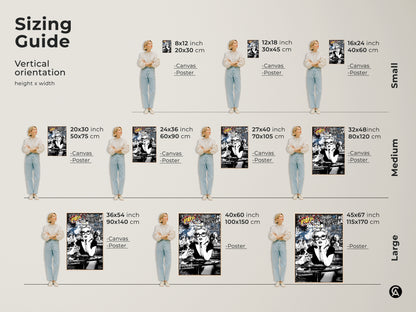 Discover the ideal size for your new pop art print. This sizing guide helps you visualize how the retro woman with a cocktail artwork fits in your space. Available in canvas and poster options. Find the perfect fit for your eclectic living room art.