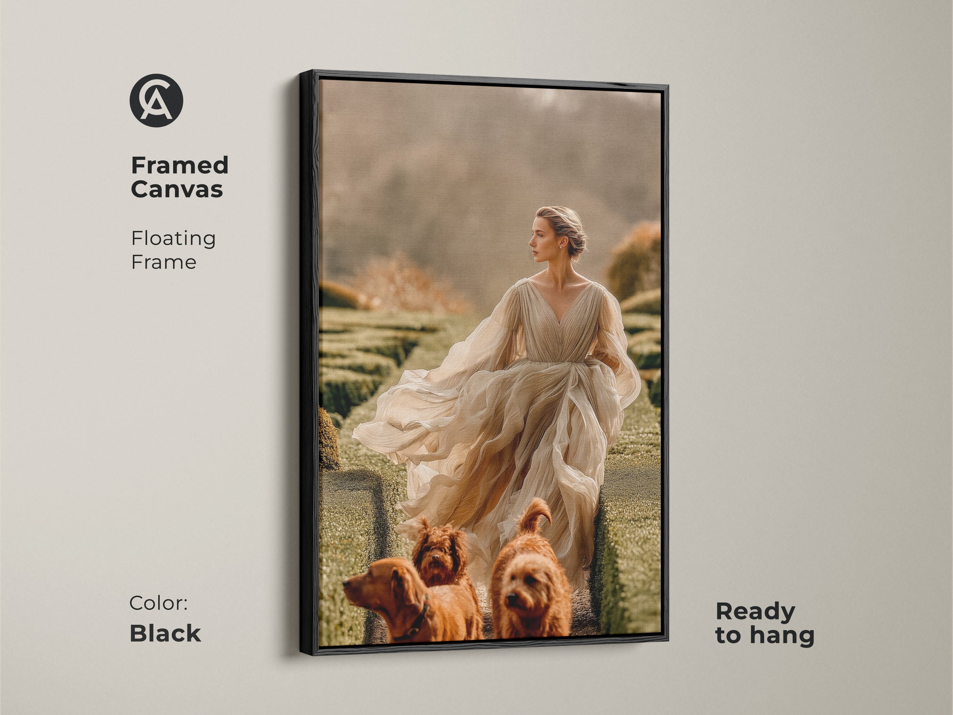 Framed canvas displays a woman with dogs in a garden. The floating frame accentuates the beige gold and olive green tones. Black frame offers a modern touch to this traditional subject. The wall art is ready to hang in your living room.