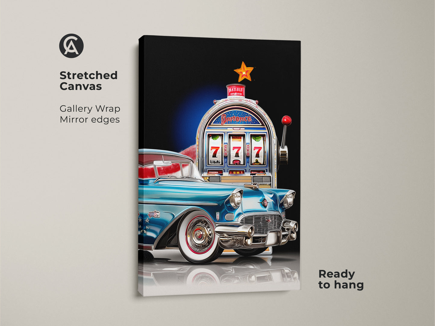 A stretched canvas art print featuring a teal classic car with a vintage slot machine. This mid-century modern artwork has mirrored edges and is ready to hang. Perfect wall decor for a man cave or a garage. Gift idea for auto and casino art lovers.