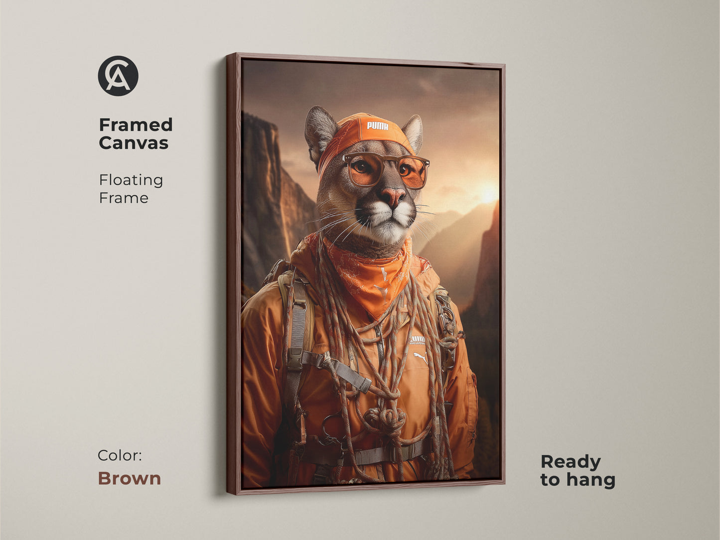 Brown Framed Canvas Amber Mountain Cougar Art. Mountain landscape wall art is ready to hang. This floating frame canvas art is cool. Perfect for the eclectic home or office. The anthropomorphic art will bring nature indoors. Surprise an outdoor lover.