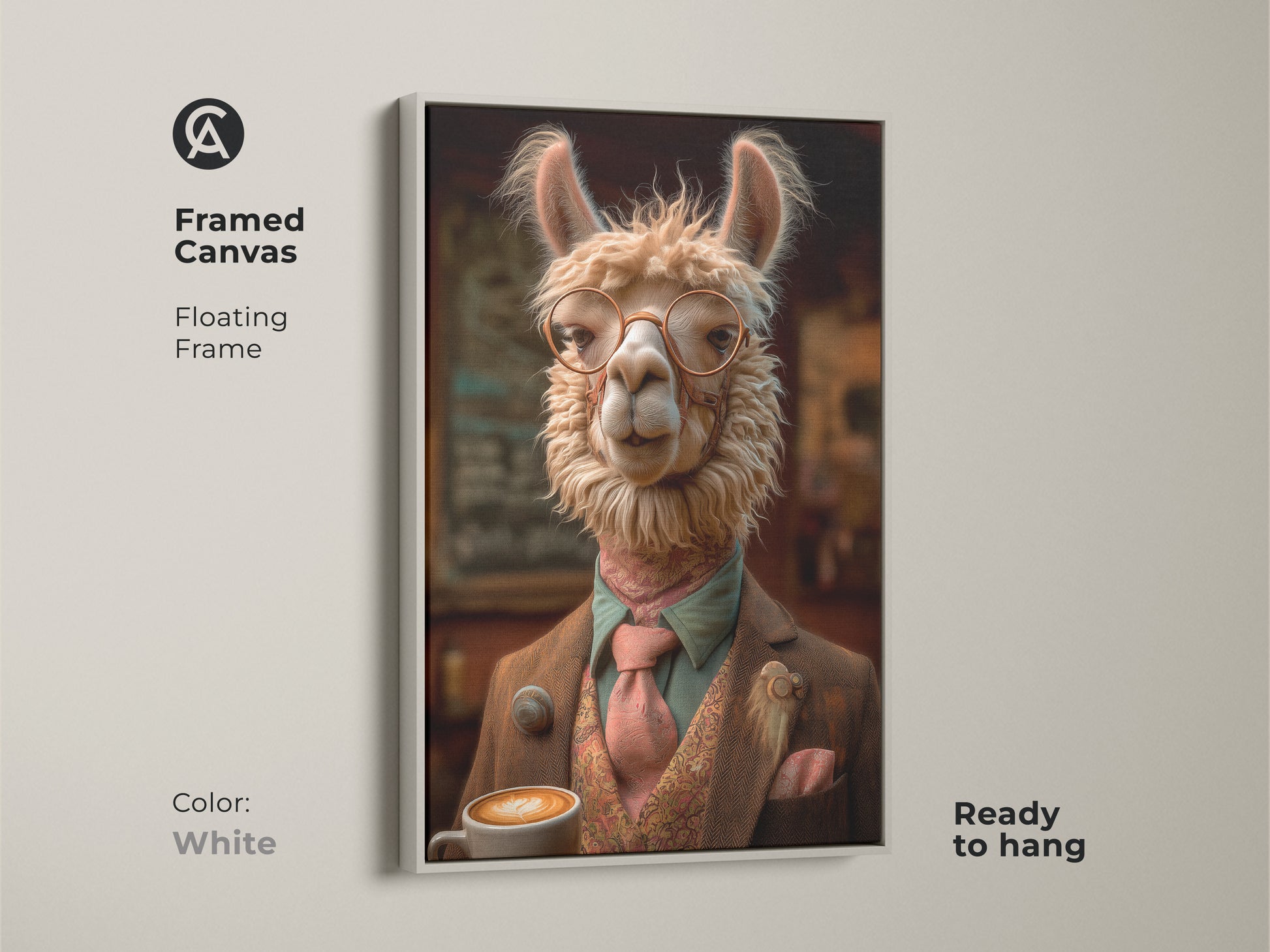 Framed Canvas with a White floating frame displaying a Dapper Llama. It's ready to hang. This artwork adds a touch of refined charm to any office or home space. Perfect Office Desk Decor Art. A unique gift idea.