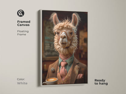 Framed Canvas with a White floating frame displaying a Dapper Llama. It's ready to hang. This artwork adds a touch of refined charm to any office or home space. Perfect Office Desk Decor Art. A unique gift idea.