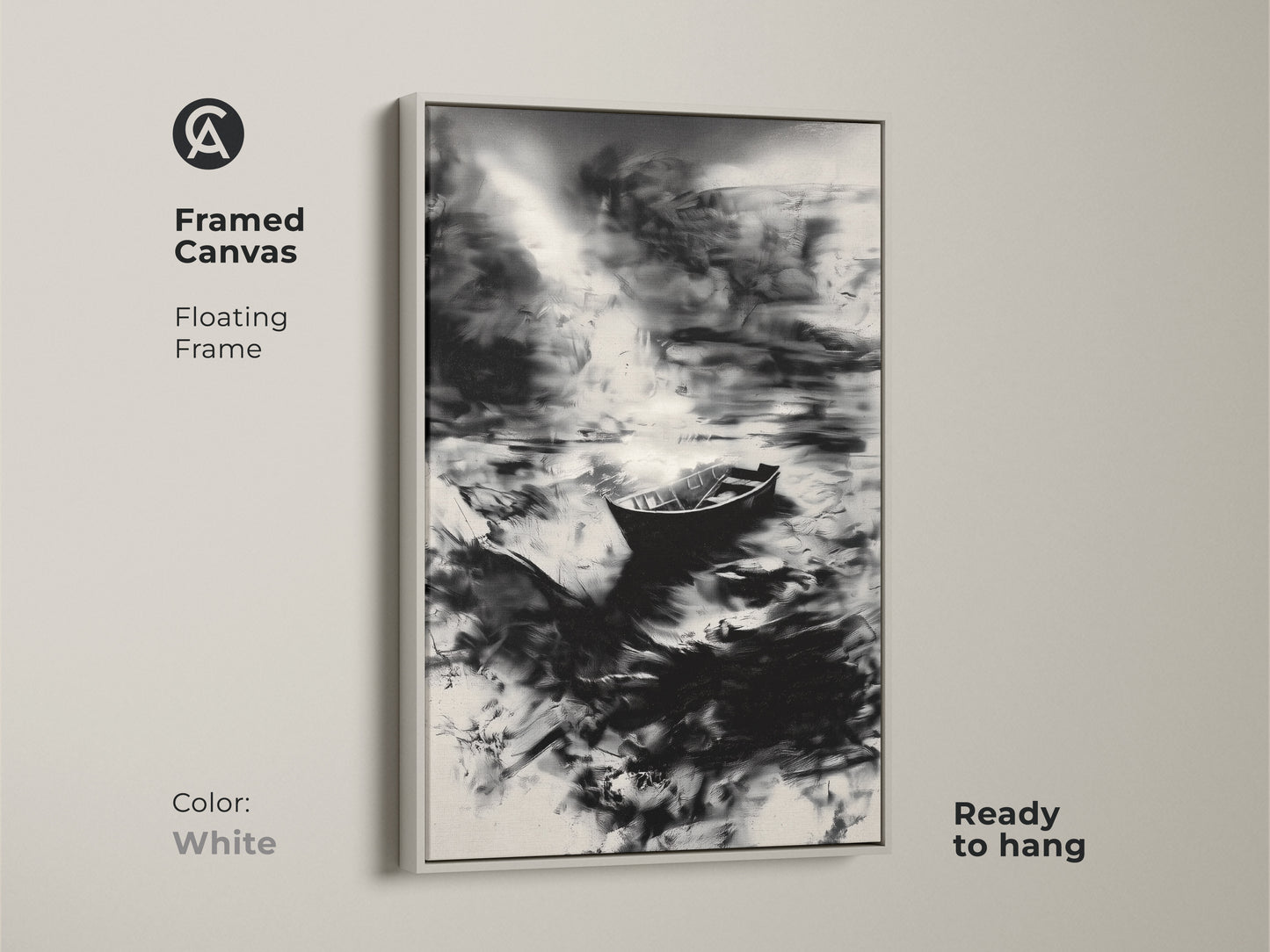 Framed canvas print of an abstract seascape with a solitary boat in monochrome with a white frame. This black and white ocean artwork is ready to hang. It brings modern minimalist wall decor to your space. Ideal as coastal abstract print for bedroom wall art. A great gift for art lovers.