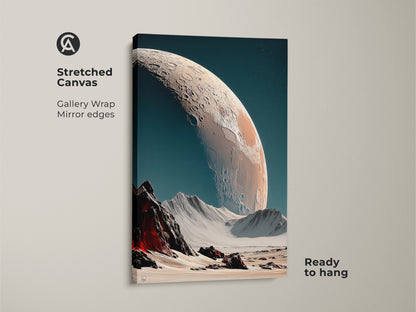 Stretched canvas art of a cratered planet in deep space. The gallery wrap canvas has mirrored edges. A lunar white planet rises above a snowy landscape. This ready-to-hang canvas brings a touch of sci-fi to your home office or living room. It is a surreal and modern artwork.