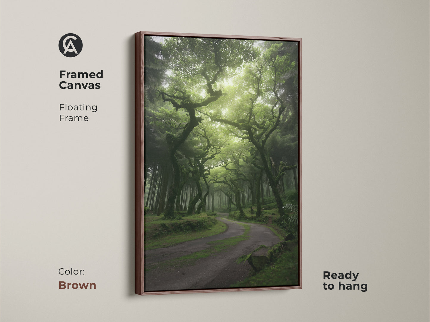 Framed canvas showcases a misty forest with emerald green trees and an enchanted woodland path. The brown floating frame complements the nature landscape canvas. It's ready to hang as boho woodland wall art. This artwork brings serene beauty to any room