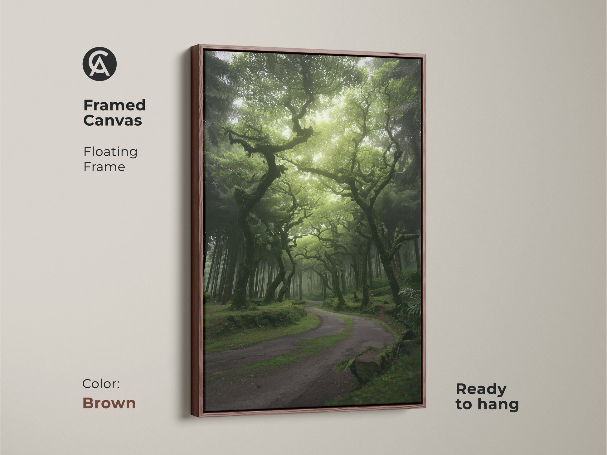 Framed canvas showcases a misty forest with emerald green trees and an enchanted woodland path. The brown floating frame complements the nature landscape canvas. It's ready to hang as boho woodland wall art. This artwork brings serene beauty to any room