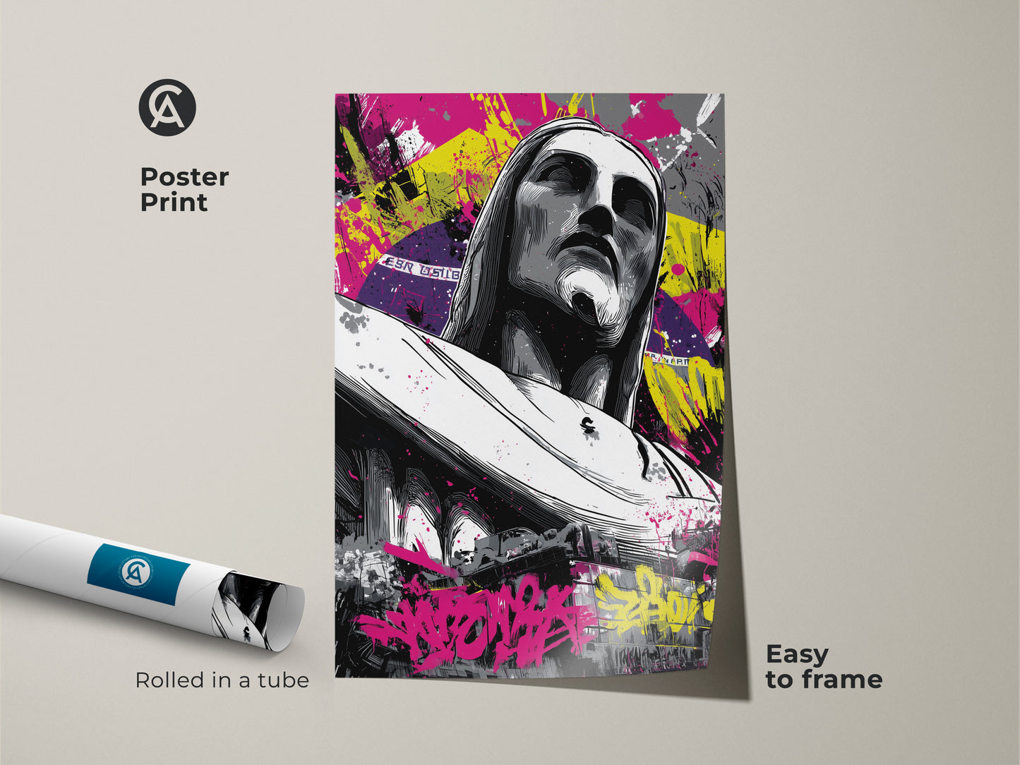 Poster print of Christ the Redeemer. Rolled in a tube for easy framing. Features urban graffiti wall art with abstract splatter. This religious artwork adds an eclectic touch. Perfect as inspirational art for any space