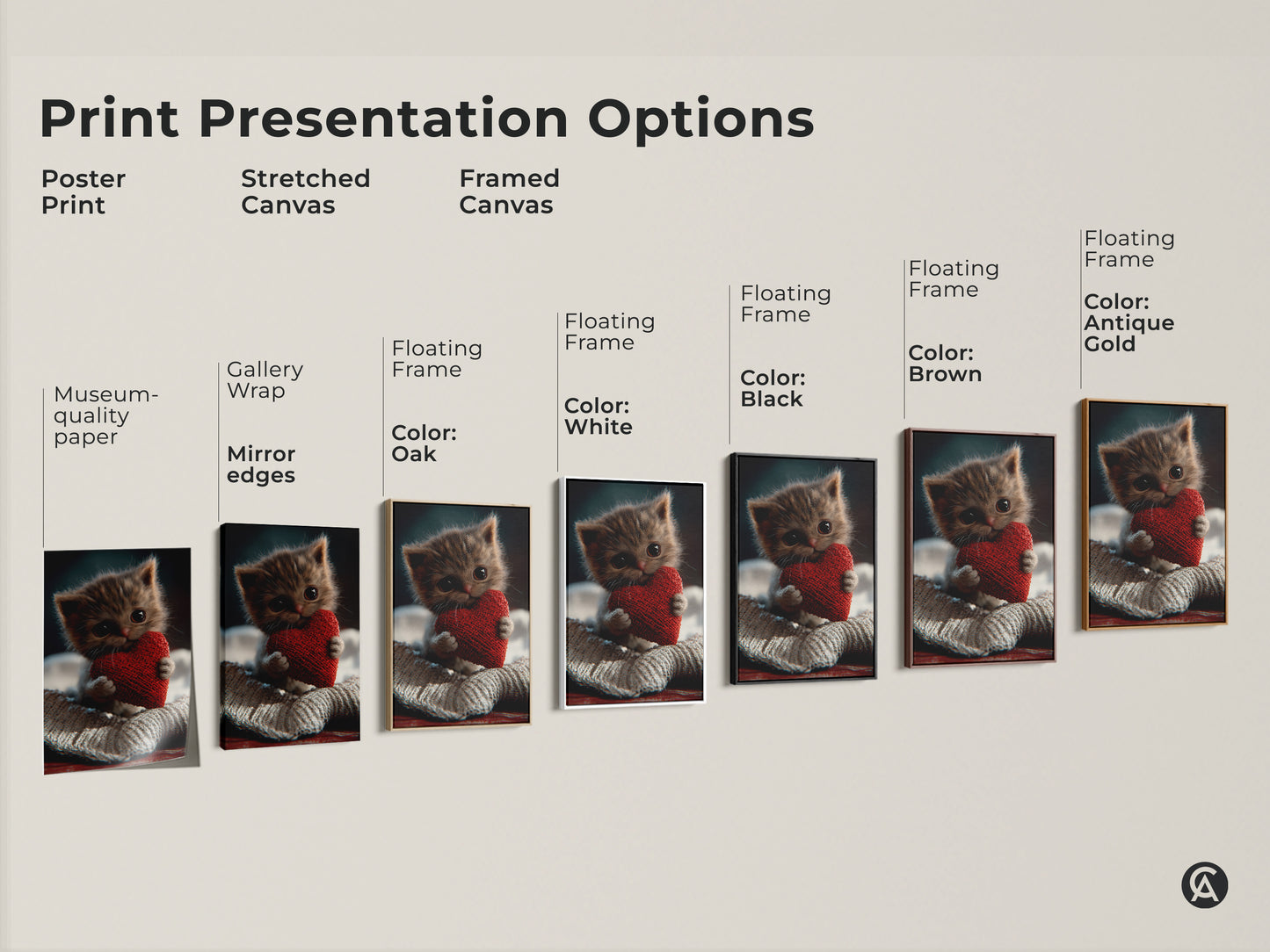 Print presentation options for kitten and heart art. Options include poster print stretched canvas and framed canvas. The framed canvas options are Black Brown White and Antique Gold. Find the perfect style for your cute kitten wall art.