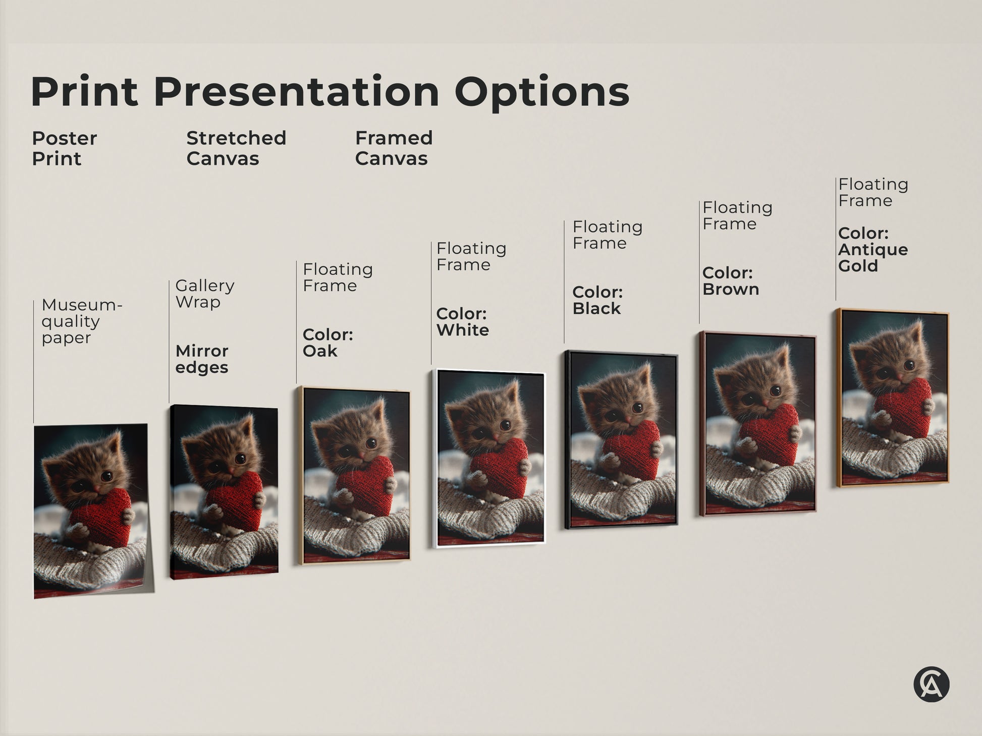 Print presentation options for kitten and heart art. Options include poster print stretched canvas and framed canvas. The framed canvas options are Black Brown White and Antique Gold. Find the perfect style for your cute kitten wall art.