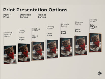 Print presentation options for kitten and heart art. Options include poster print stretched canvas and framed canvas. The framed canvas options are Black Brown White and Antique Gold. Find the perfect style for your cute kitten wall art.