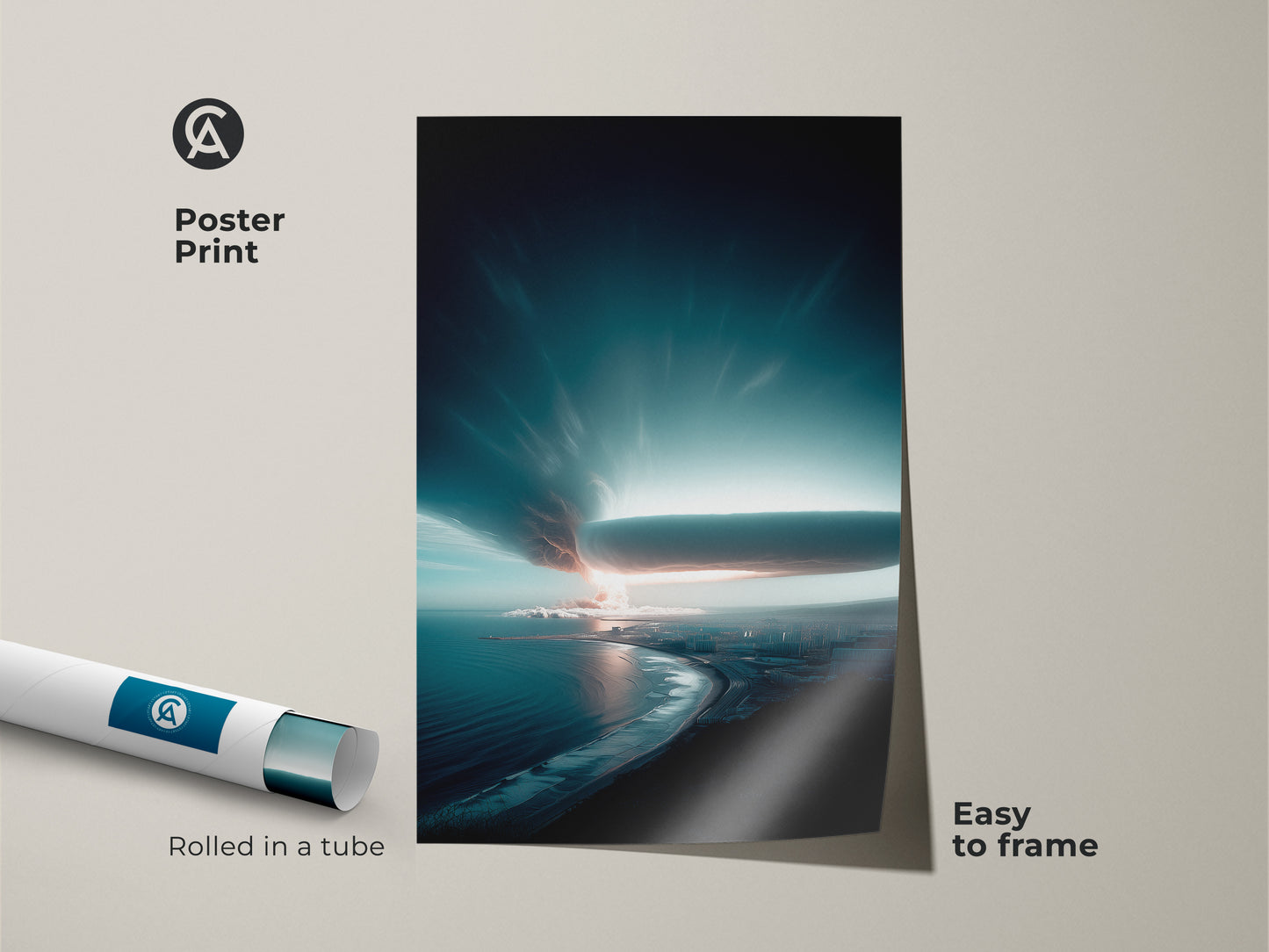 Poster print of a deep blue coastal cityscape. The artwork shows a stormy ocean and urban skyline. This contemporary print is easy to frame. Ideal wall art for travel enthusiasts. Rolled in a tube for protection.