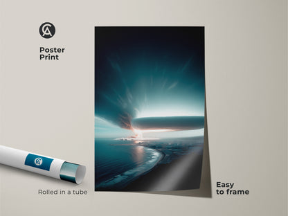 Poster print of a deep blue coastal cityscape. The artwork shows a stormy ocean and urban skyline. This contemporary print is easy to frame. Ideal wall art for travel enthusiasts. Rolled in a tube for protection.