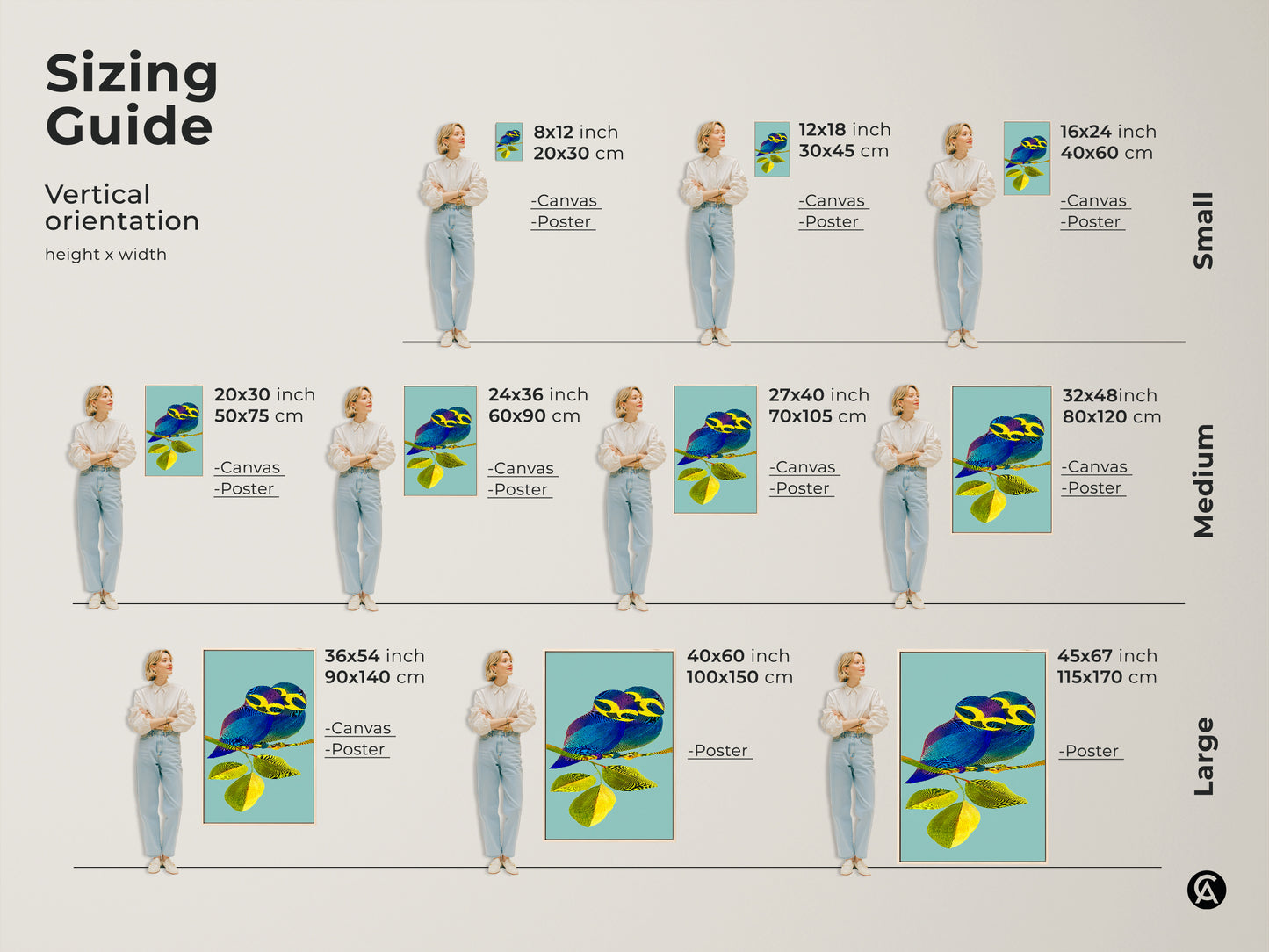 Visualize the different sizes available for this line art bird couple canvas or poster print. The sizing guide helps you choose the perfect fit for your space. Whether small medium or large this contemporary artwork adds a touch of nature and art. Ideal for any room seeking a vibrant pop of color.