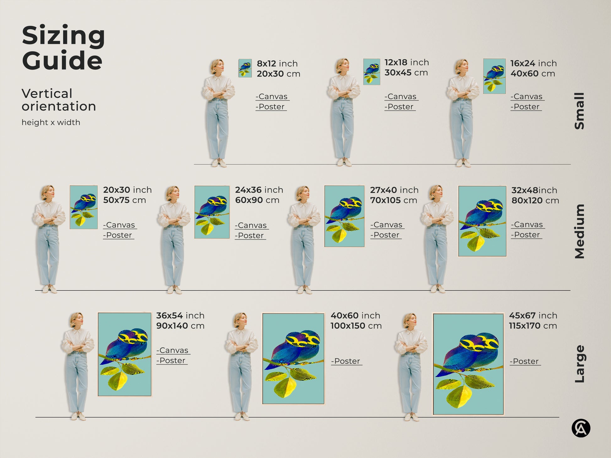 Visualize the different sizes available for this line art bird couple canvas or poster print. The sizing guide helps you choose the perfect fit for your space. Whether small medium or large this contemporary artwork adds a touch of nature and art. Ideal for any room seeking a vibrant pop of color.
