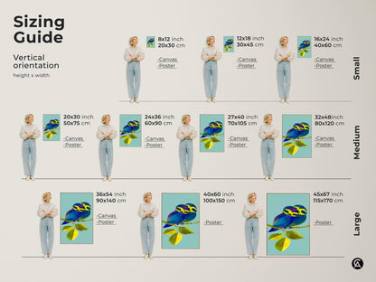 Visualize the different sizes available for this line art bird couple canvas or poster print. The sizing guide helps you choose the perfect fit for your space. Whether small medium or large this contemporary artwork adds a touch of nature and art. Ideal for any room seeking a vibrant pop of color.
