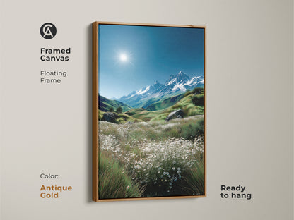 Create a focal point in your home with this framed mountain landscape artwork. The antique gold floating frame adds a touch of luxury. Ready to hang and admire. This framed canvas brings the tranquility of the mountains to your living space. Order yours today.