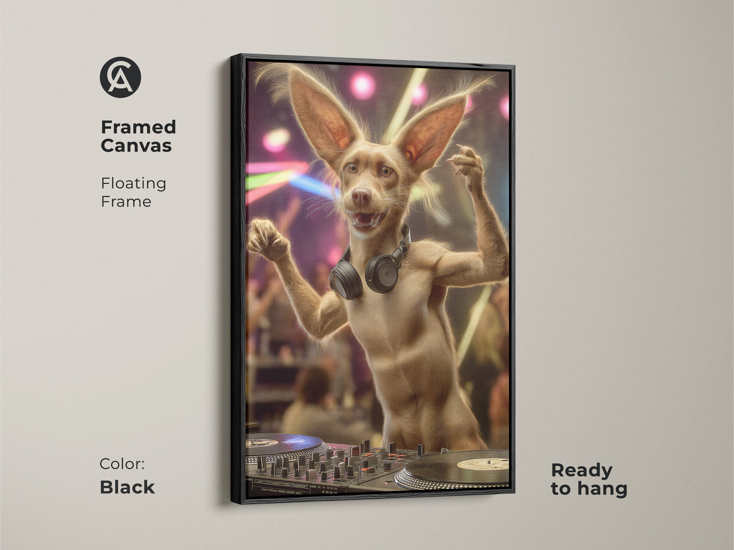 A framed canvas of a funny DJ dog art with floating frame in Black. This eclectic animal wall art is the perfect gift for music lovers. Ready to hang on any entertainment room or home bar.