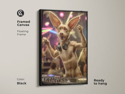 A framed canvas of a funny DJ dog art with floating frame in Black. This eclectic animal wall art is the perfect gift for music lovers. Ready to hang on any entertainment room or home bar.