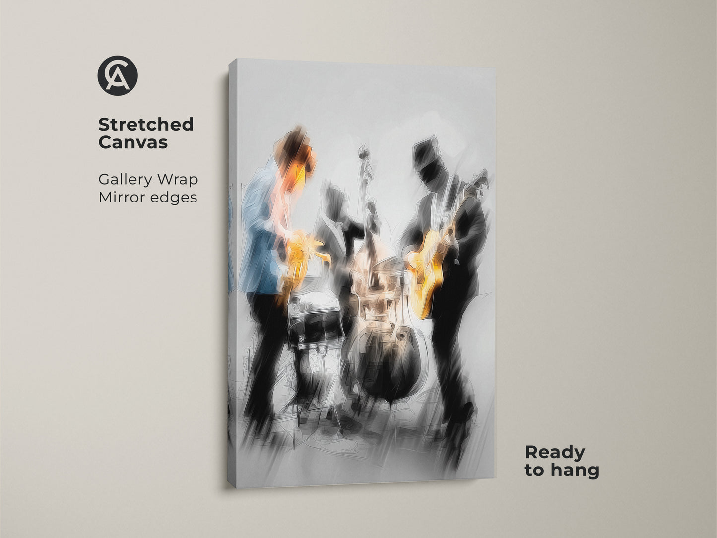 Stretched canvas print featuring a jazz band in concert. The canvas has mirror edges. This gives it a gallery wrap look. The musicians include a saxophonist guitarist and drummer. The canvas comes ready to hang. A great addition to any music lover's home.