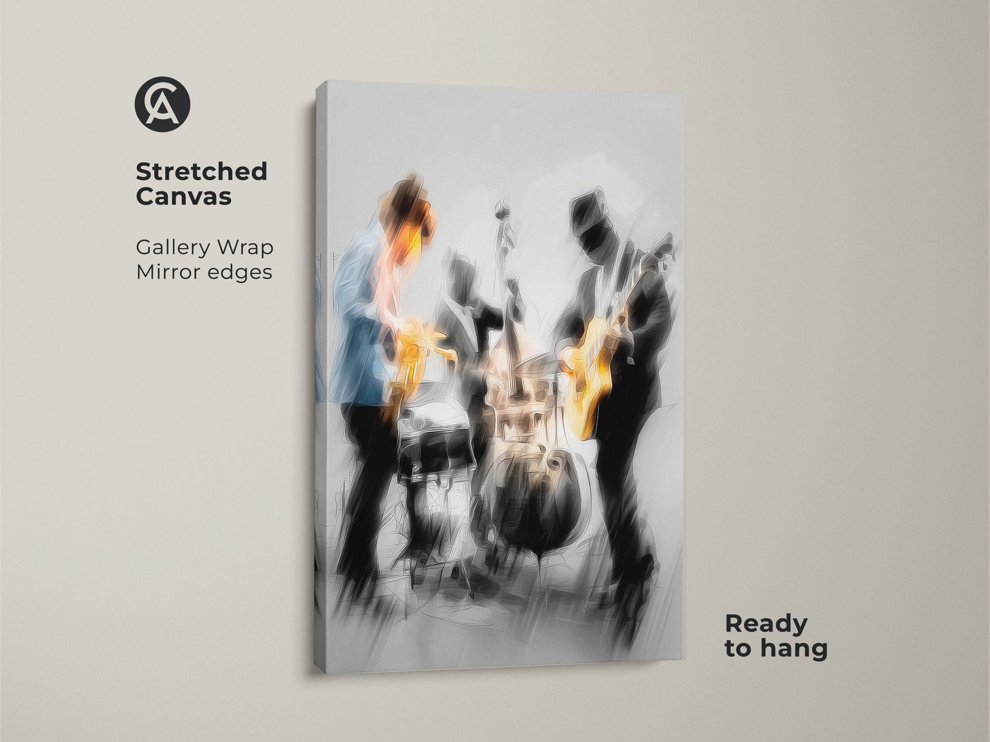 Stretched canvas print featuring a jazz band in concert. The canvas has mirror edges. This gives it a gallery wrap look. The musicians include a saxophonist guitarist and drummer. The canvas comes ready to hang. A great addition to any music lover's home.