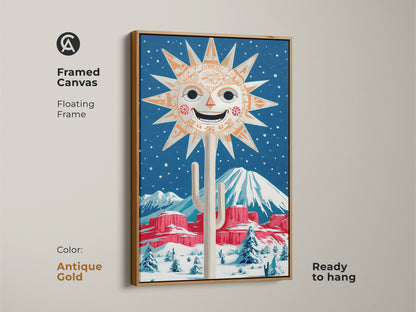 Framed canvas art showcasing a retro smiling sun and cactus in a snowy desert landscape with an antique gold floating frame. Perfect as folk art print for an eclectic home. The orange and blue colors create a warm and inviting atmosphere. This winter landscape poster is ready to hang.