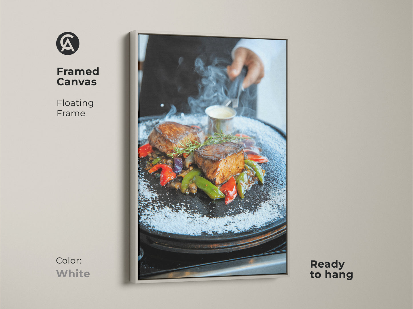 White Framed Canvas of Gourmet Filet Mignon. This ready-to-hang artwork offers a sophisticated touch to restaurant interiors. The contemporary style and rich colors make it an appetizing focal point. Floating frame enhances the visual appeal.