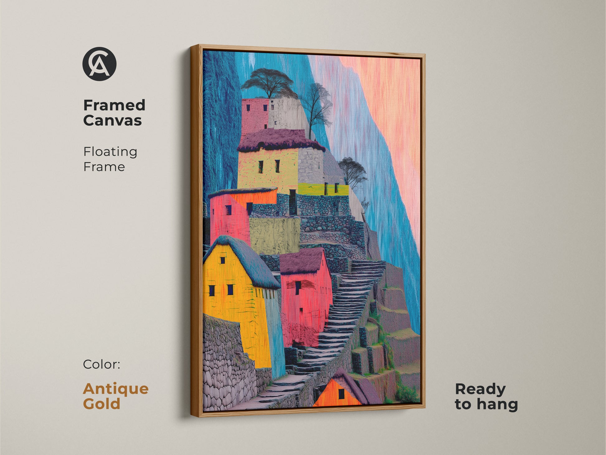 This framed canvas features abstract Machu Picchu artwork in an antique gold floating frame. Colorful landscape art showcases terraced hillsides perfect for boho decor. Ready to hang it adds a touch of global charm to your home. A unique travel art piece.