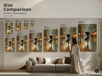 Compare sizes of our Parisian street artwork in inches and centimeters. This size comparison shows the art against a sofa. Envision how each canvas or poster print will enhance your space. Choose the perfect size gold and teal artwork for a stunning home decor transformation.