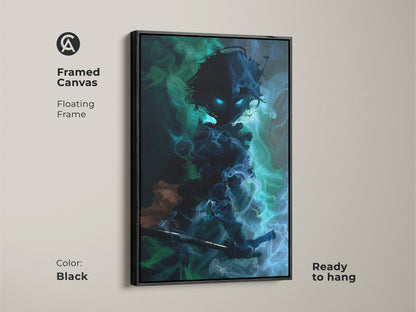 Framed canvas featuring a dark fantasy warrior demon in black. The floating frame enhances the blue green teal abstract art. Ready to hang this eclectic piece makes a great gift.