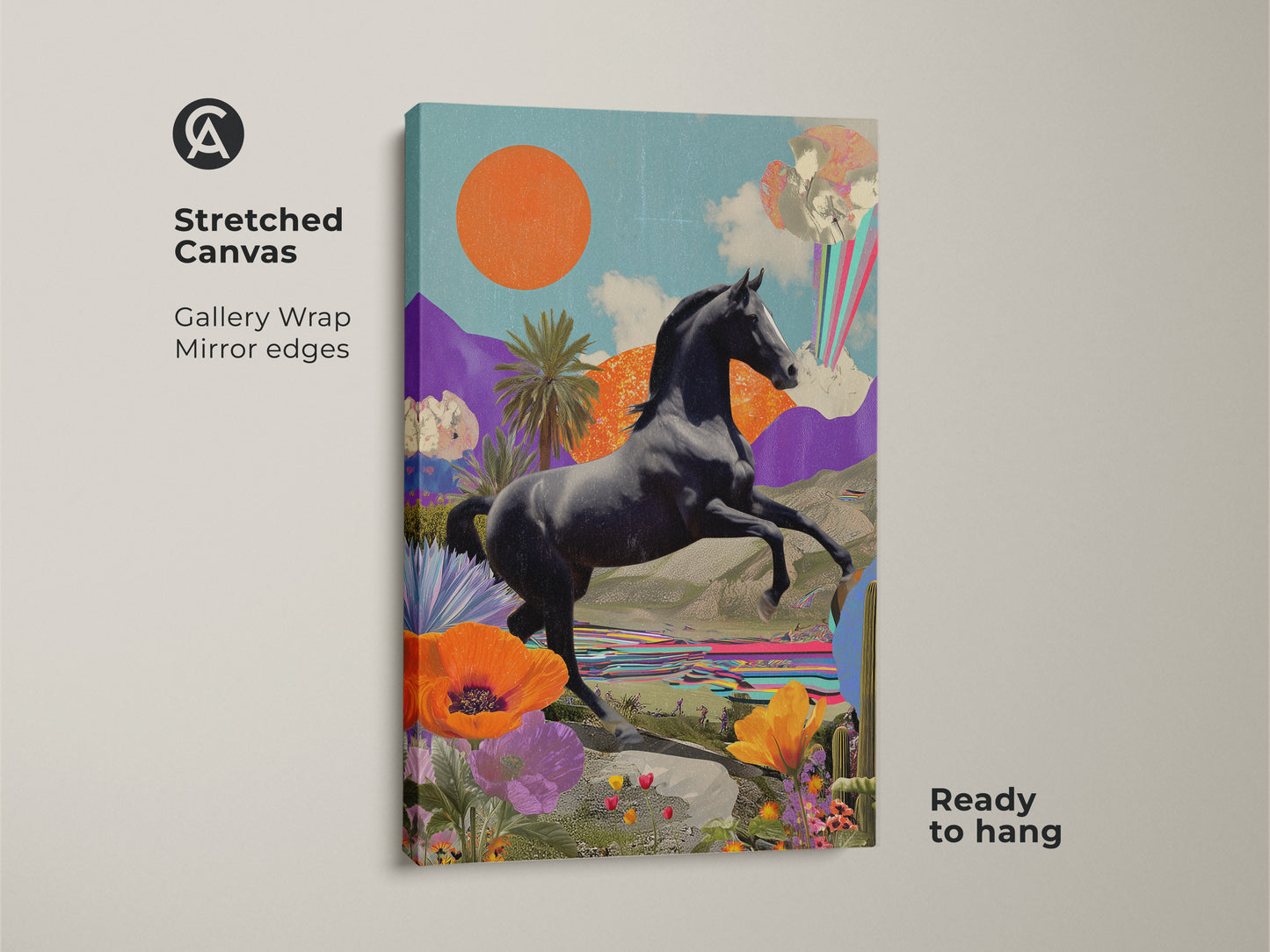 The surreal horse collage wall art is on stretched canvas. Gallery wrap and mirror edges make it ready to hang. The retro futurism artwork features an orange sun and teal purple landscape. It is eclectic bedroom decor.