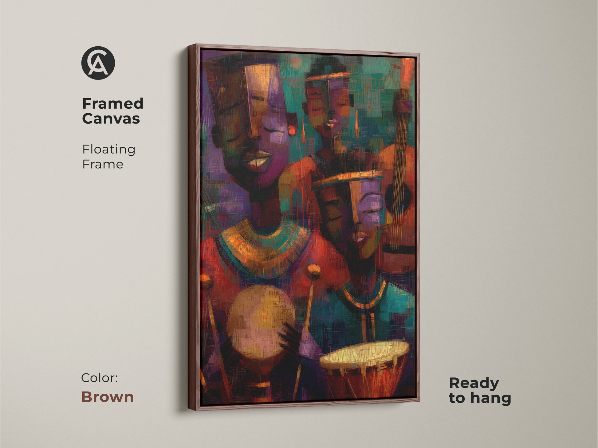 Framed canvas with a brown floating frame. Abstract expressionism wall art with tribal musicians in deep purple orange and teal. This eclectic home decor is ready to hang for music lovers. A vibrant artistic wall hanging that is perfect as a housewarming gift. The beautiful artwork will enhance your living space.